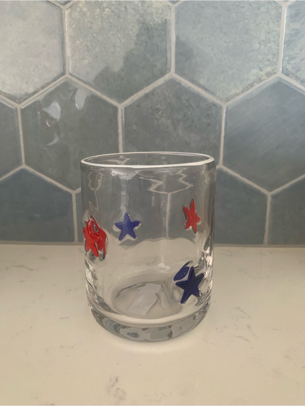 Anthropologie style Clear Glass Star Icon Tumbler with Red Blue Stars America